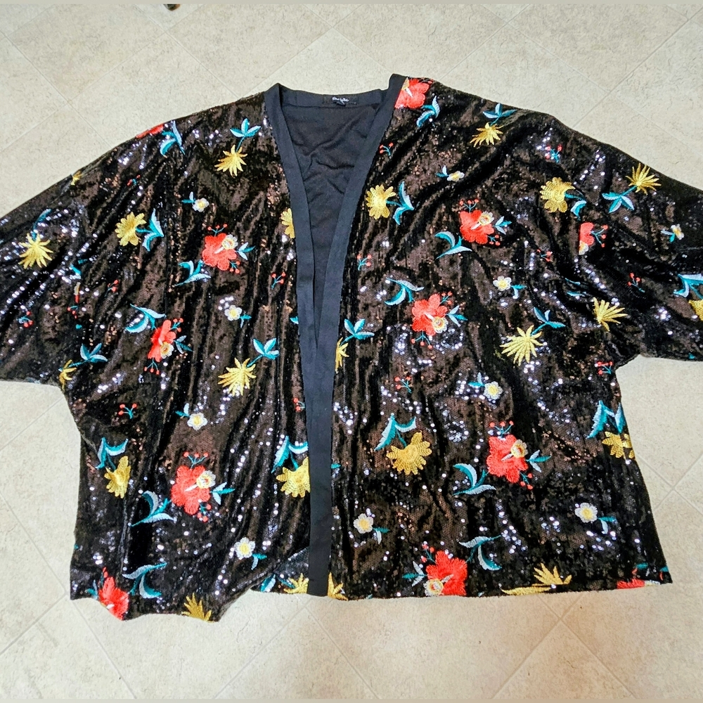 Simply Be Plus Size 28 Black Sequin Embroidered Kimono Top Excellent Unworn